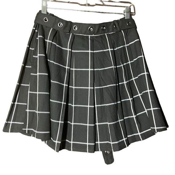 Hot Topic White Black Plaid Pleated Mini Skirt Grommet Belt M Punk‎ Goth Rock - Picture 3 of 10